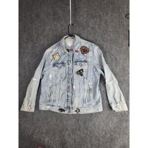 Old Navy Denim Jacket Women Sz XL Blue Patched Distressed Winter School Workwear
